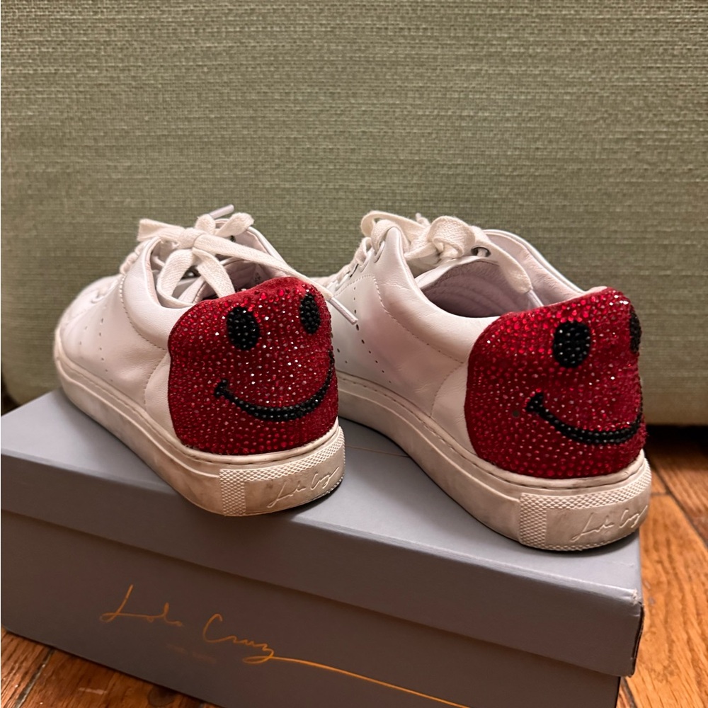 Lola Cruz Women’s White Sneakers with Red Crystal Smile Face Heel Size 36